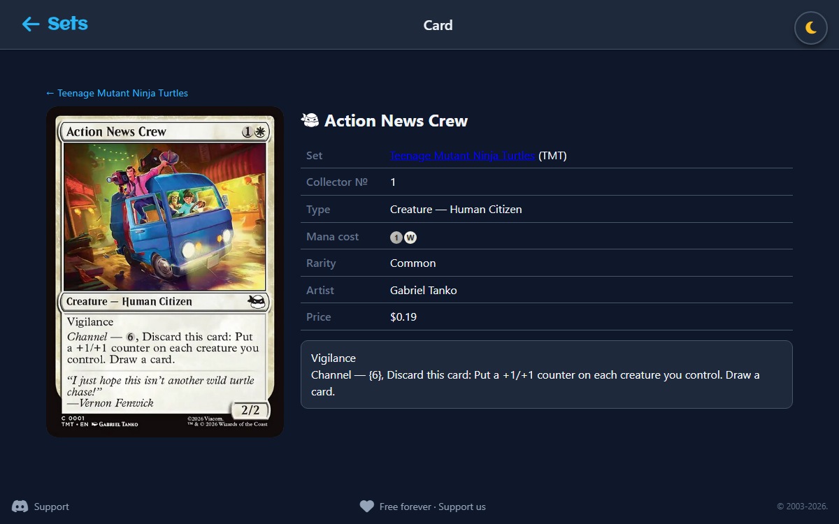 A public card page with rules text and price