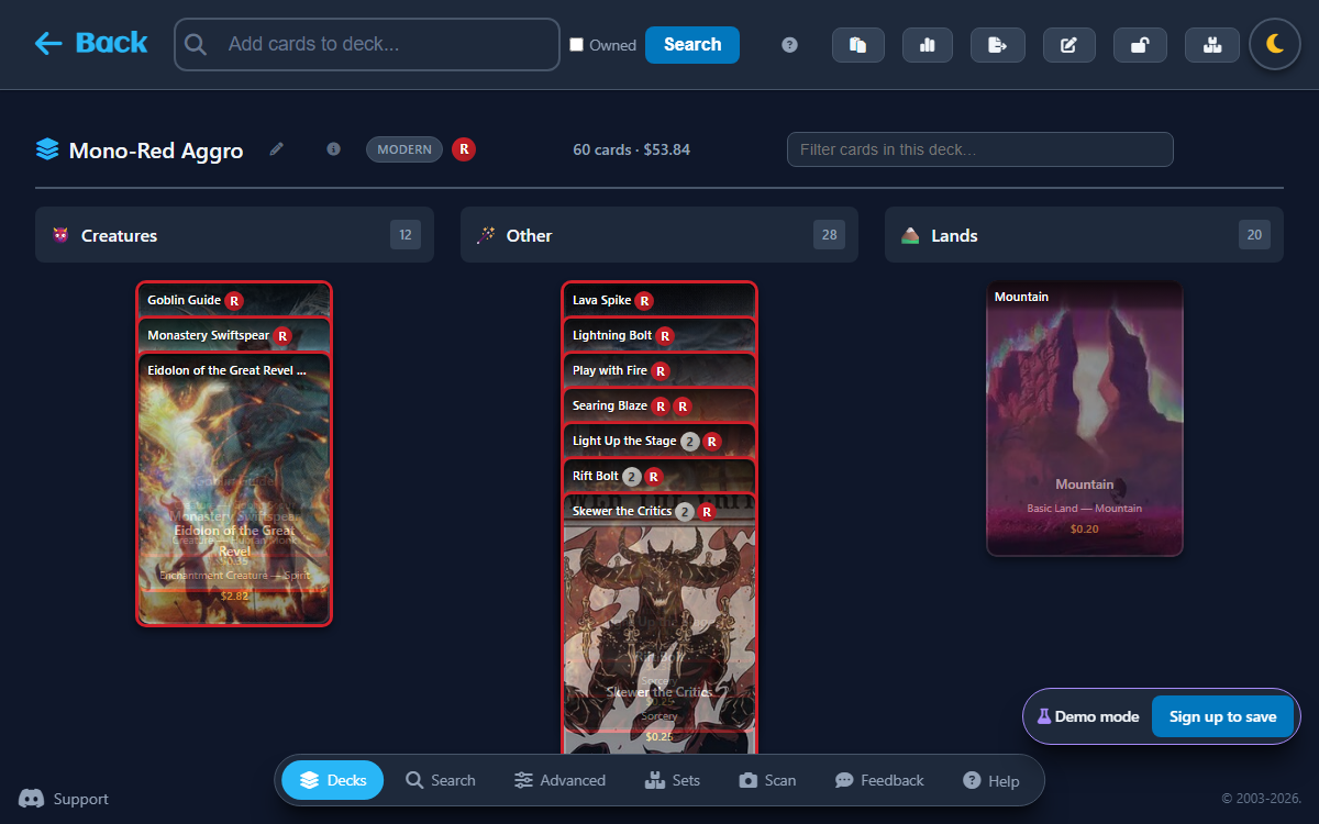 The deck editor with cards grouped by type