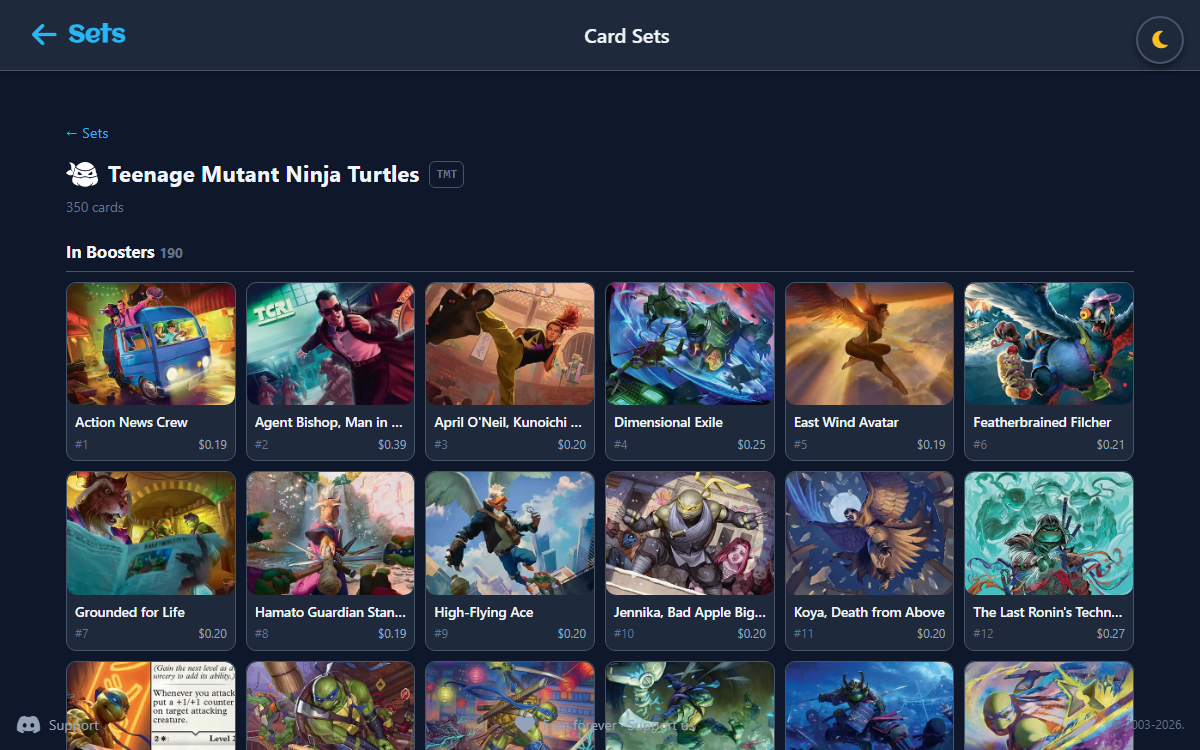 A set page with every printing, art, number and price